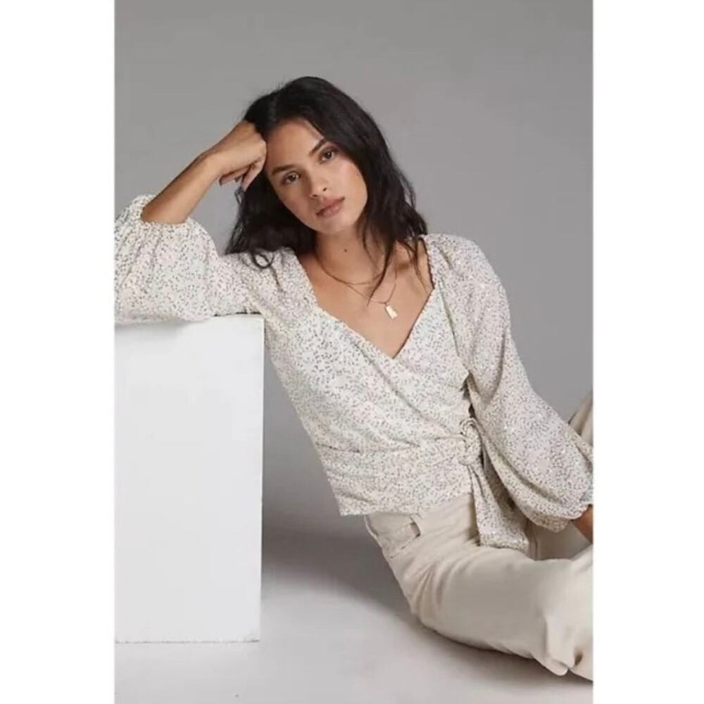 Anthropologie Elegant White & Gold Sequin Wrap Top Blouse Size XS